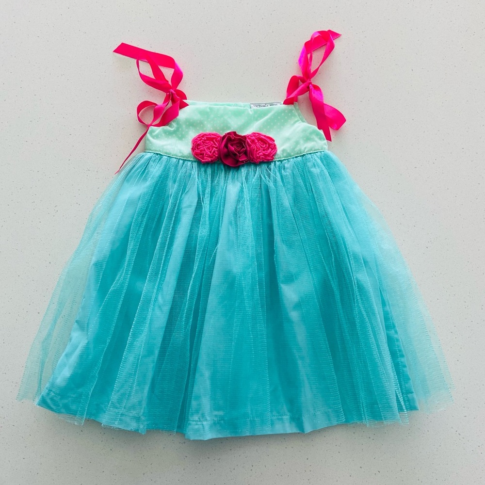 Victoria Kids Baby Girls Blue and Pink tulle ribbon bday Dress Size 6-12 Months